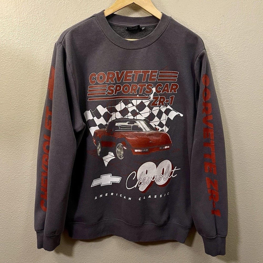 Chevy Corvette ZR 1 Crewneck Sweatshirt Gray Red Front Back Sleeve Design Sz L